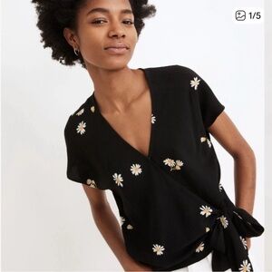 Madewell Black Daisy Wrap Tie Top